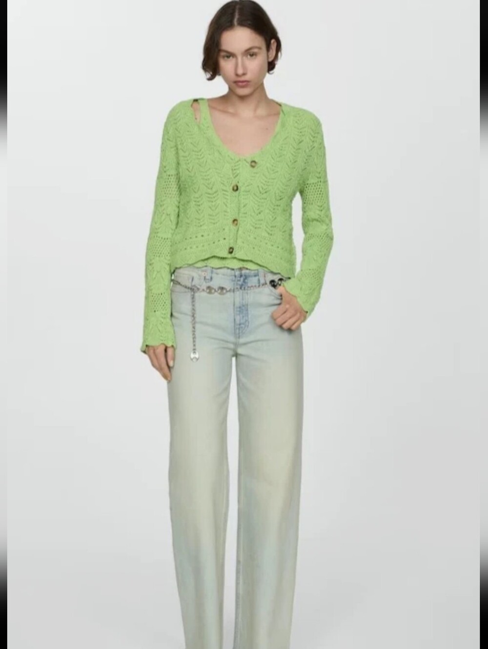 MANGO Open Knit Crochet Cardigan Lime Green-Med-EUC-zara-h&m-banana
